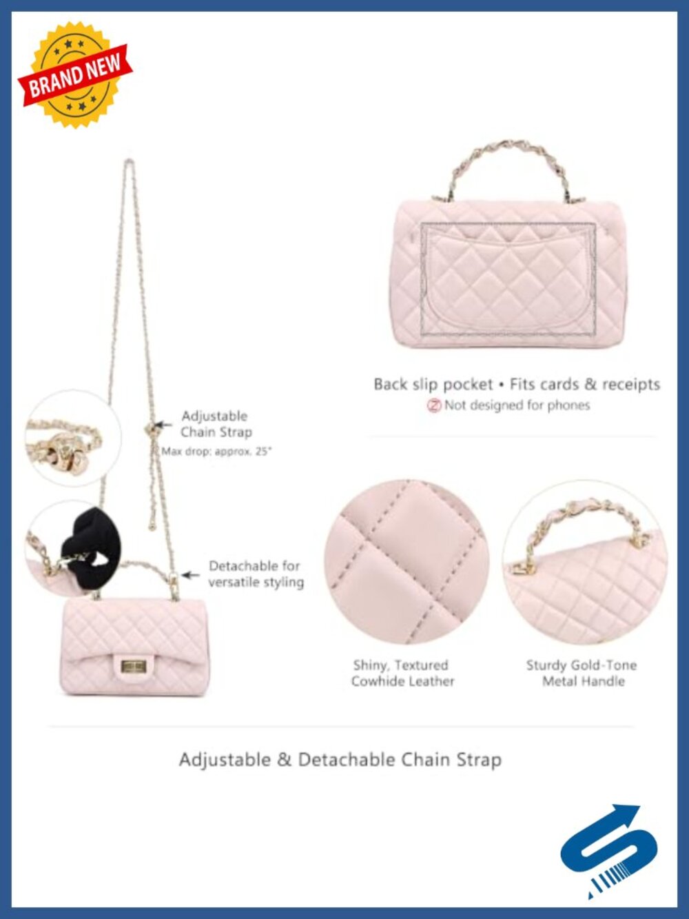 Quilted Cow Leather Crossbody Bag with Gold-Tone Handle Chain Strap - Picture 5 of 6